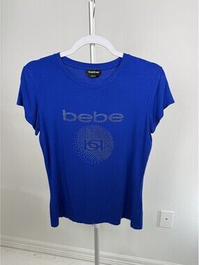Bebe Womens L Royal Blue Rhinestone Logo Tee Y2K Bling Fitted Cap Sleeve T Shirt